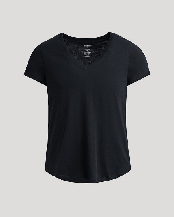 Womens Black Relaxed Slub V-Neck Tee against a gray backdrop.