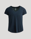 Womens Navy Relaxed Slub V-Neck Tee against neutral backdrop.
