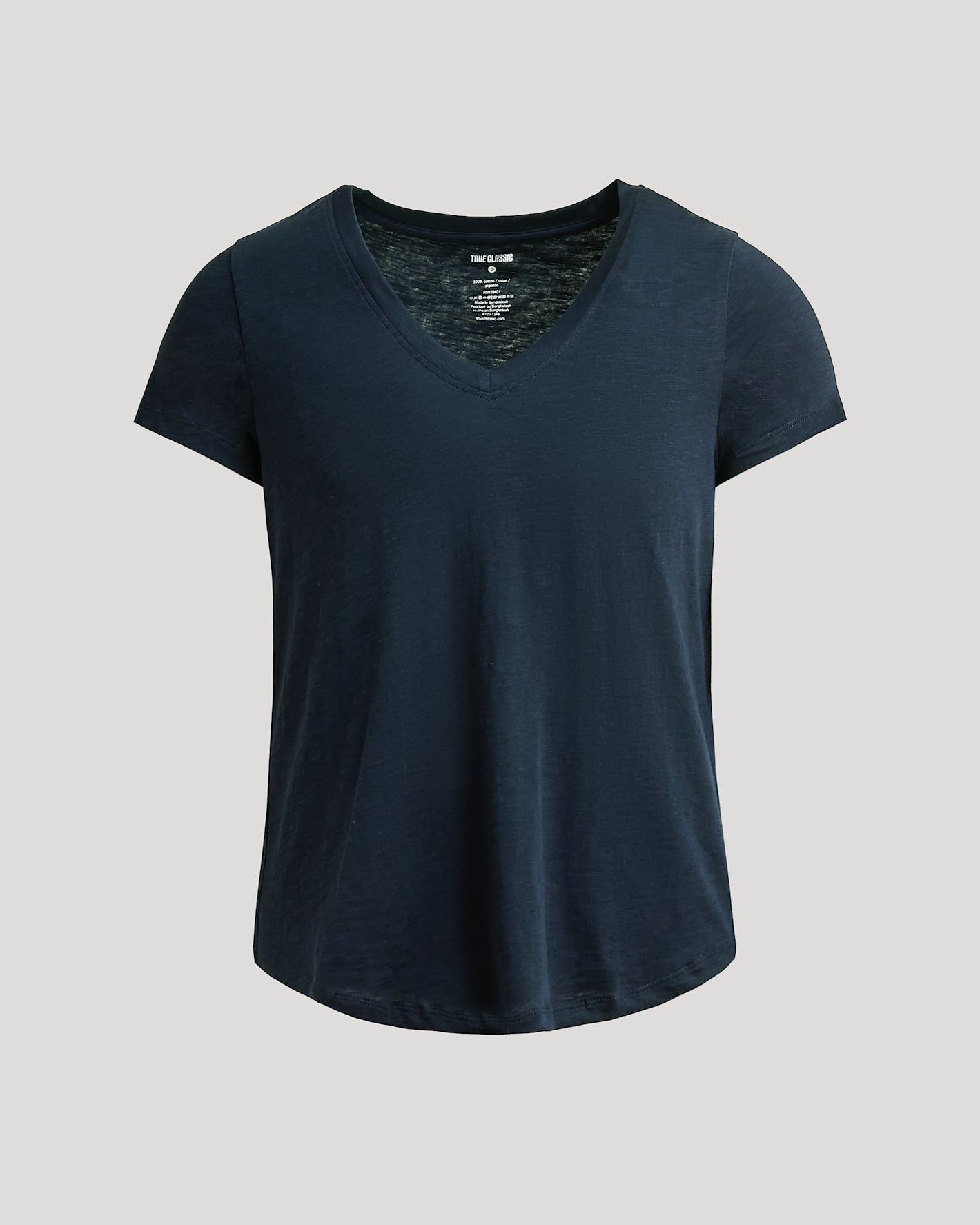 Womens Navy Relaxed Slub V-Neck Tee against neutral backdrop.