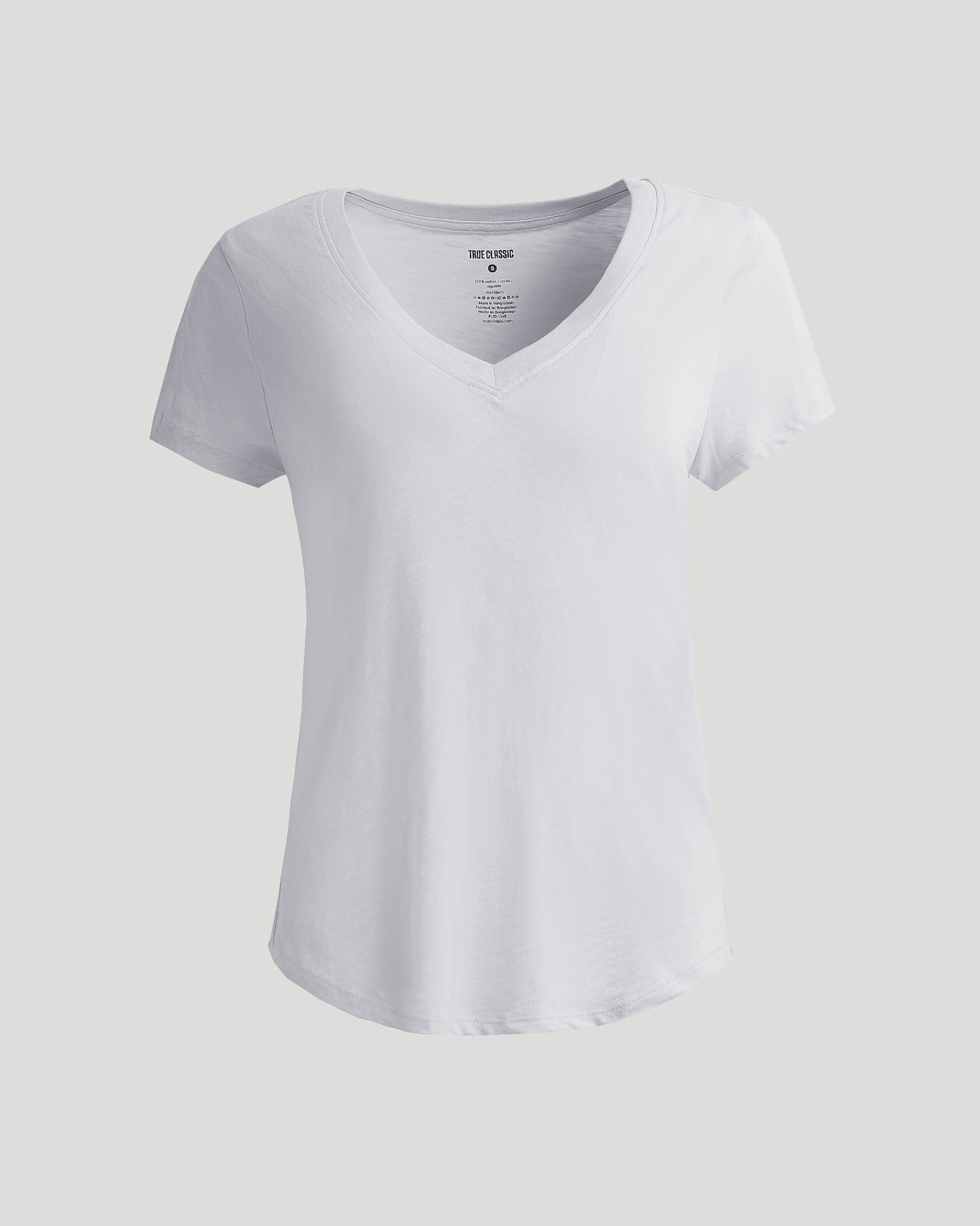 Womens White Relaxed Slub V-Neck Tee with gently curved hem.