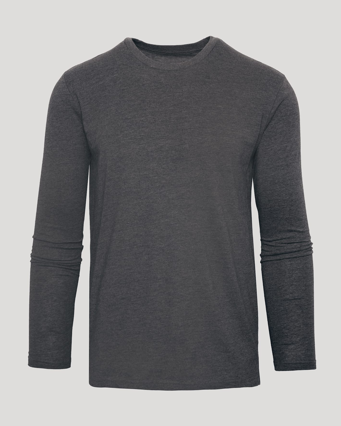 A dark gray long-sleeve crewneck shirt with a heathered texture, shown on a solid light gray background.