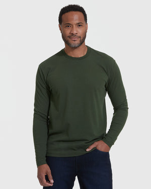 Man wearing Dark Olive Classic Long Sleeve Crew Neck with jeans.