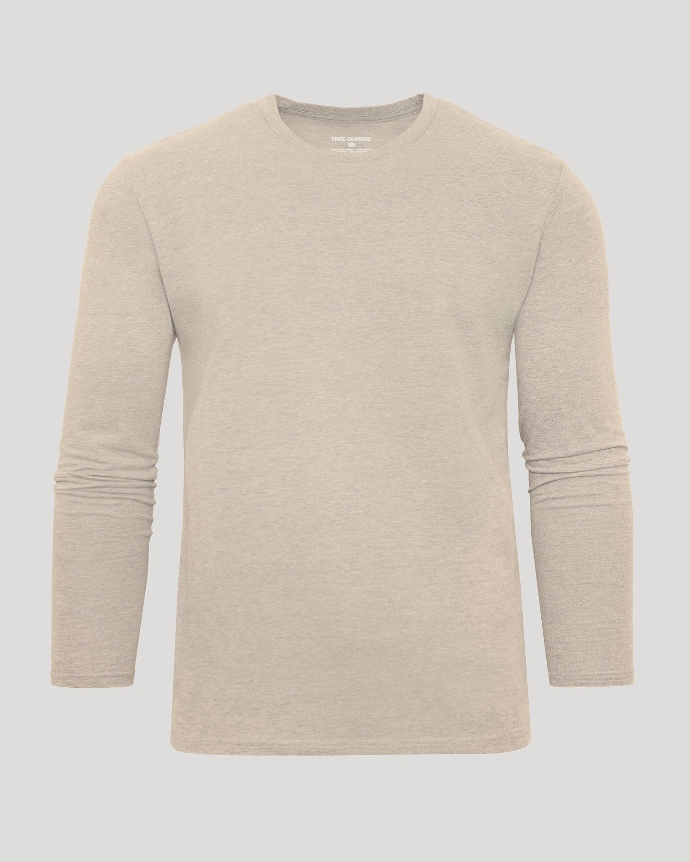Heather Truffle Classic Long Sleeve Crew Neck displayed flat, showcasing its fit.
