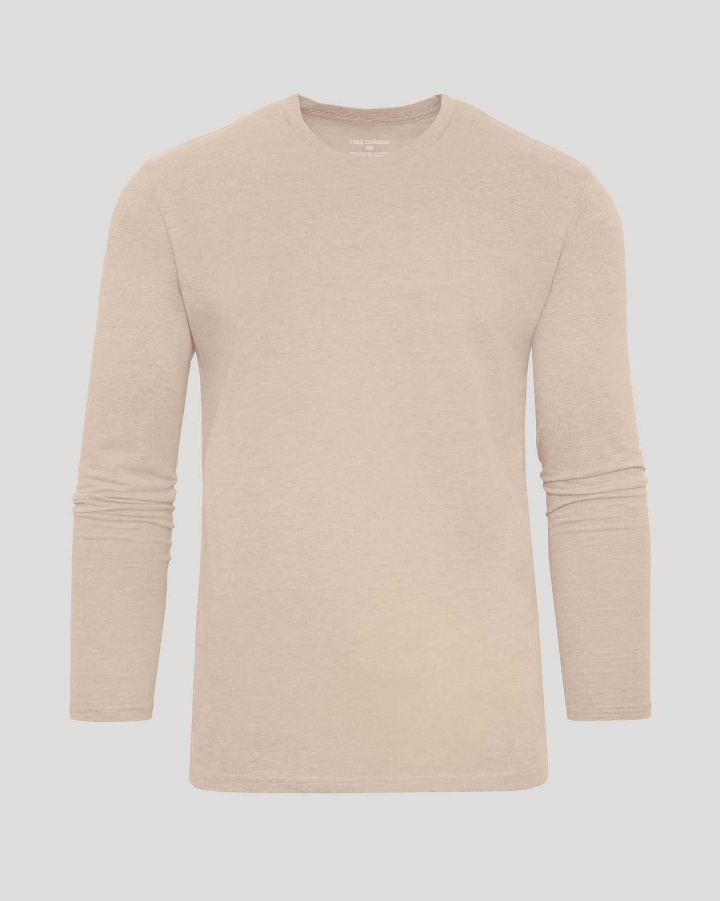 Heather Camel Classic Long Sleeve Crew Neck against light-gray background.