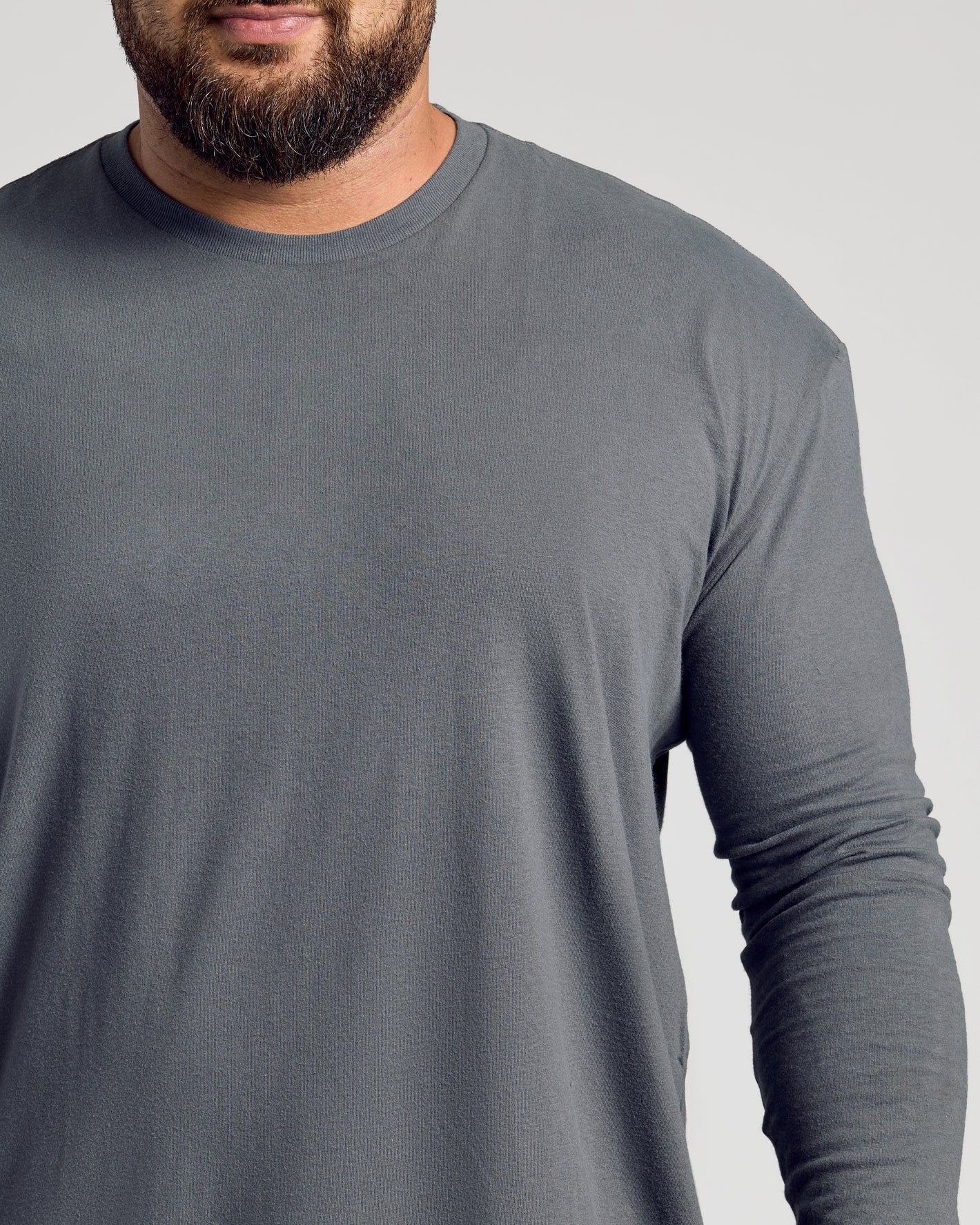 Classic Long Sleeve 3-Pack, gray crew-neck shirt on bearded man.