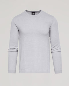 True ClassicHeather Gray Dressy Crew Neck Sweater, fitted with ribbed edges and label.