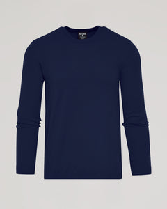 True ClassicNavy Dressy Crew Neck Sweater, soft, slim-fit, laid flat.