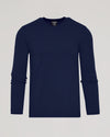 Navy Dressy Crew Neck Sweater, soft, slim-fit, laid flat.