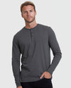 Male model in dark-gray Classic Henley 3-Pack shirt, relaxed pose.