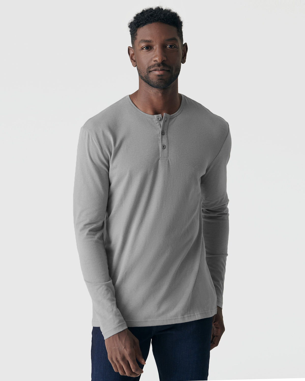 Glacier Gray Long Sleeve Henley on man, showcasing fit and style.