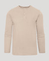 Heather Camel Classic Long Sleeve Henley, beige, three-button placket, flat-laid.