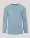 Heather Sapphire Classic Long Sleeve Henley with three-button placket and crew-neck.