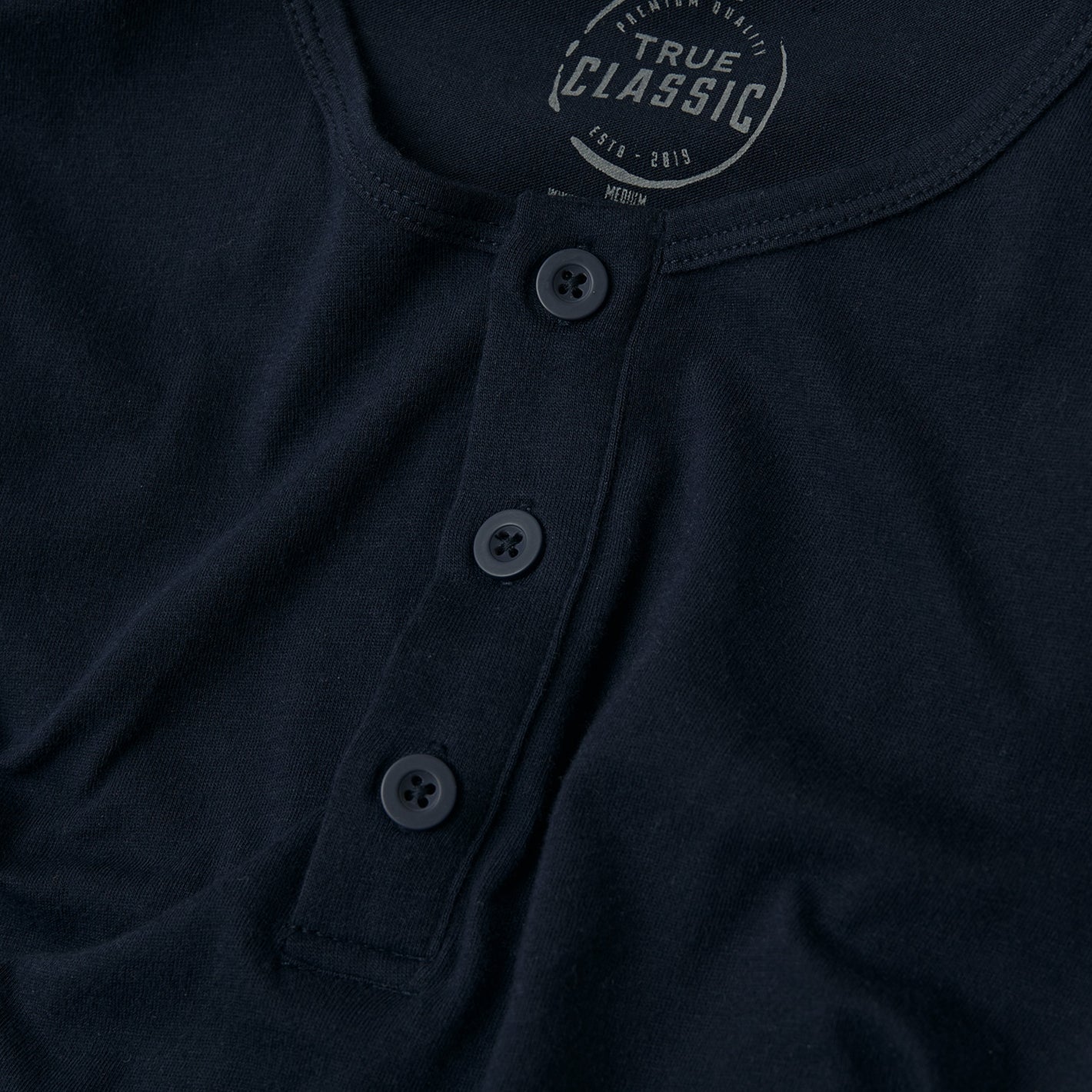 True Classic Henley 3-Pack close-up, navy long sleeve with button placket.