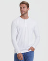 Man wearing All White Classic Henley from 6-Pack with blue jeans.