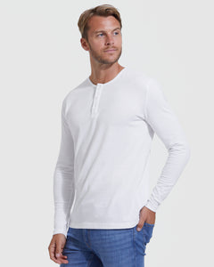 True ClassicModel wearing All White Classic Henley, long-sleeve with jeans.