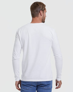 True ClassicAll White Classic Henley 3-Pack on man, showcasing minimalist back view.