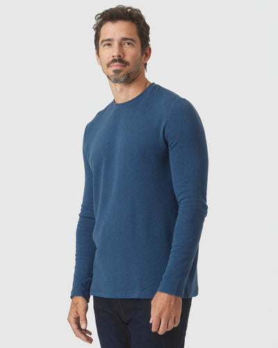 Waffle Long Sleeve Crew Neck - Deep Sea Blue