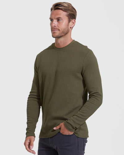 Waffle Long Sleeve Crew Neck - Military Green