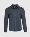 Navy Sweater Shirt Jacket with herringbone weave and button-flap chest pockets.