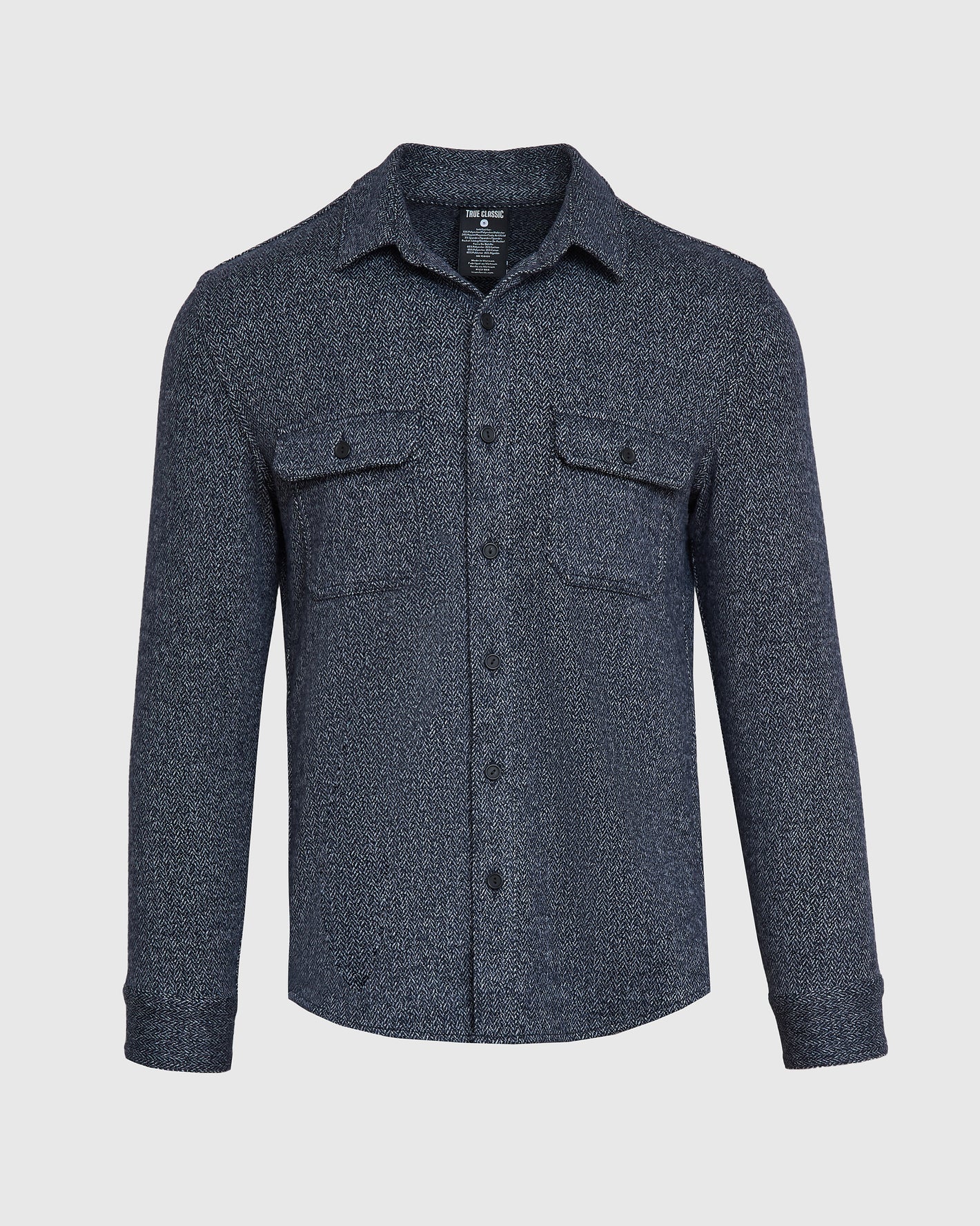 Navy Sweater Shirt Jacket with herringbone weave and button-flap chest pockets.