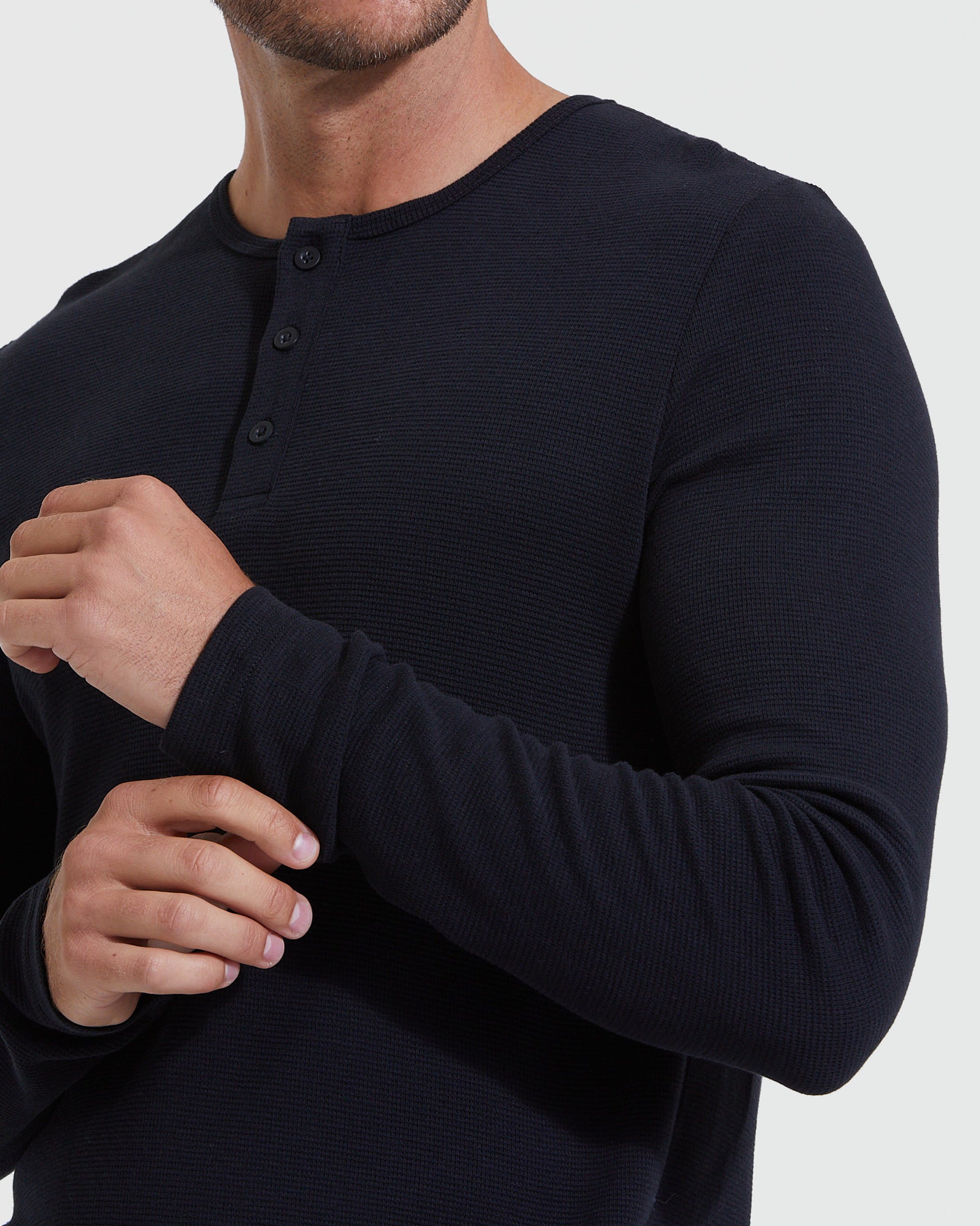 Black Waffle Long Sleeve Henley | Black Waffle Long Sleeve Henley
