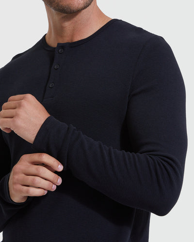 Waffle Long Sleeve Henley - Black