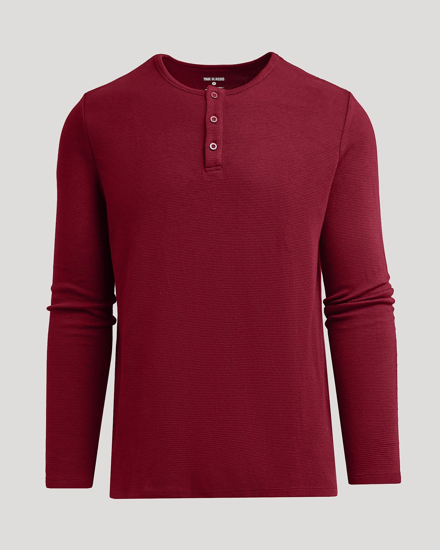 Dark Maroon Waffle Long Sleeve Henley with 3-button placket.