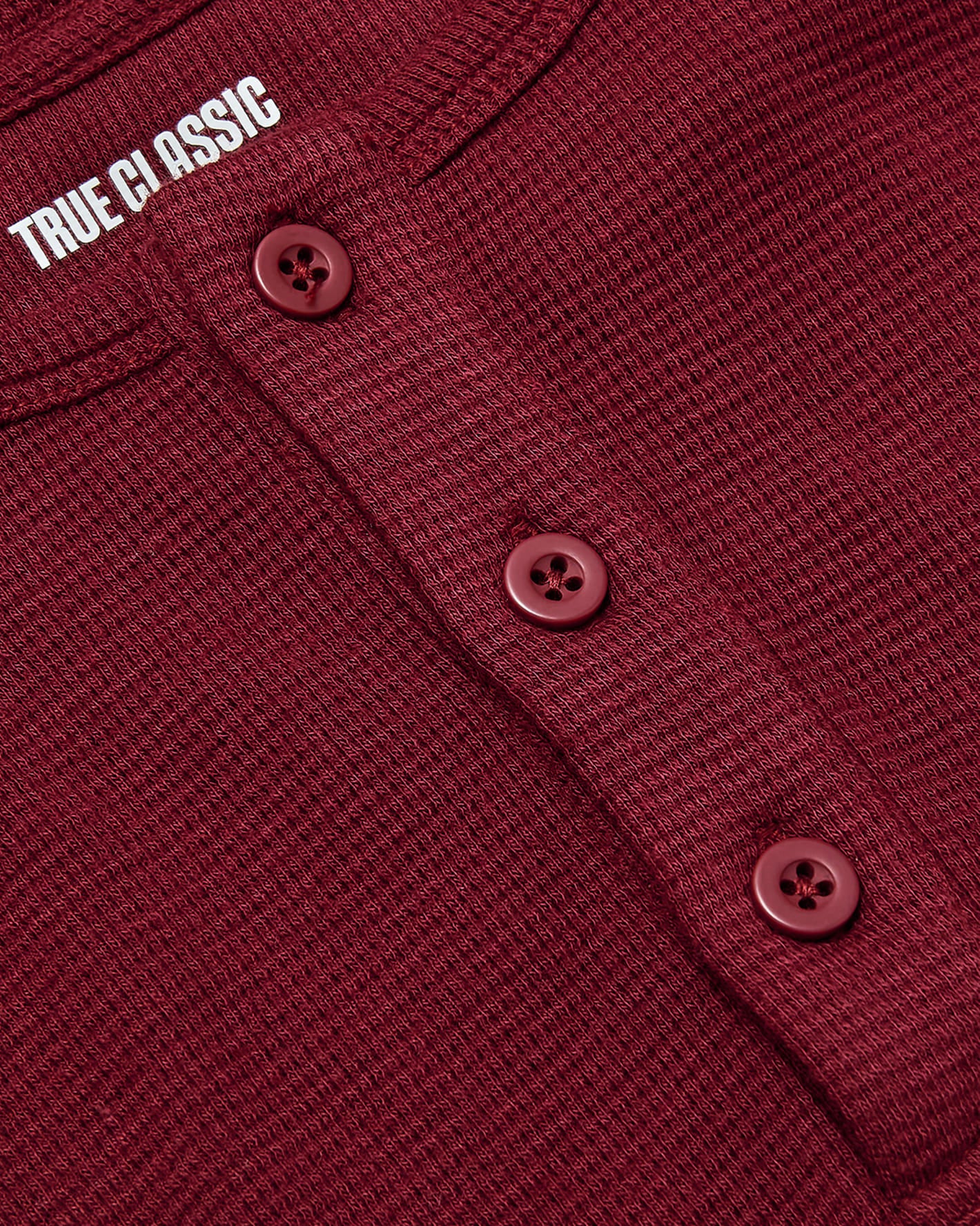 Dark Maroon Waffle Long Sleeve Henley 3-Pack close-up with buttons.