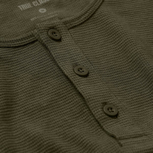 True ClassicWaffle Long Sleeve Henley 3-Pack shirt, olive, waffle texture, button placket.