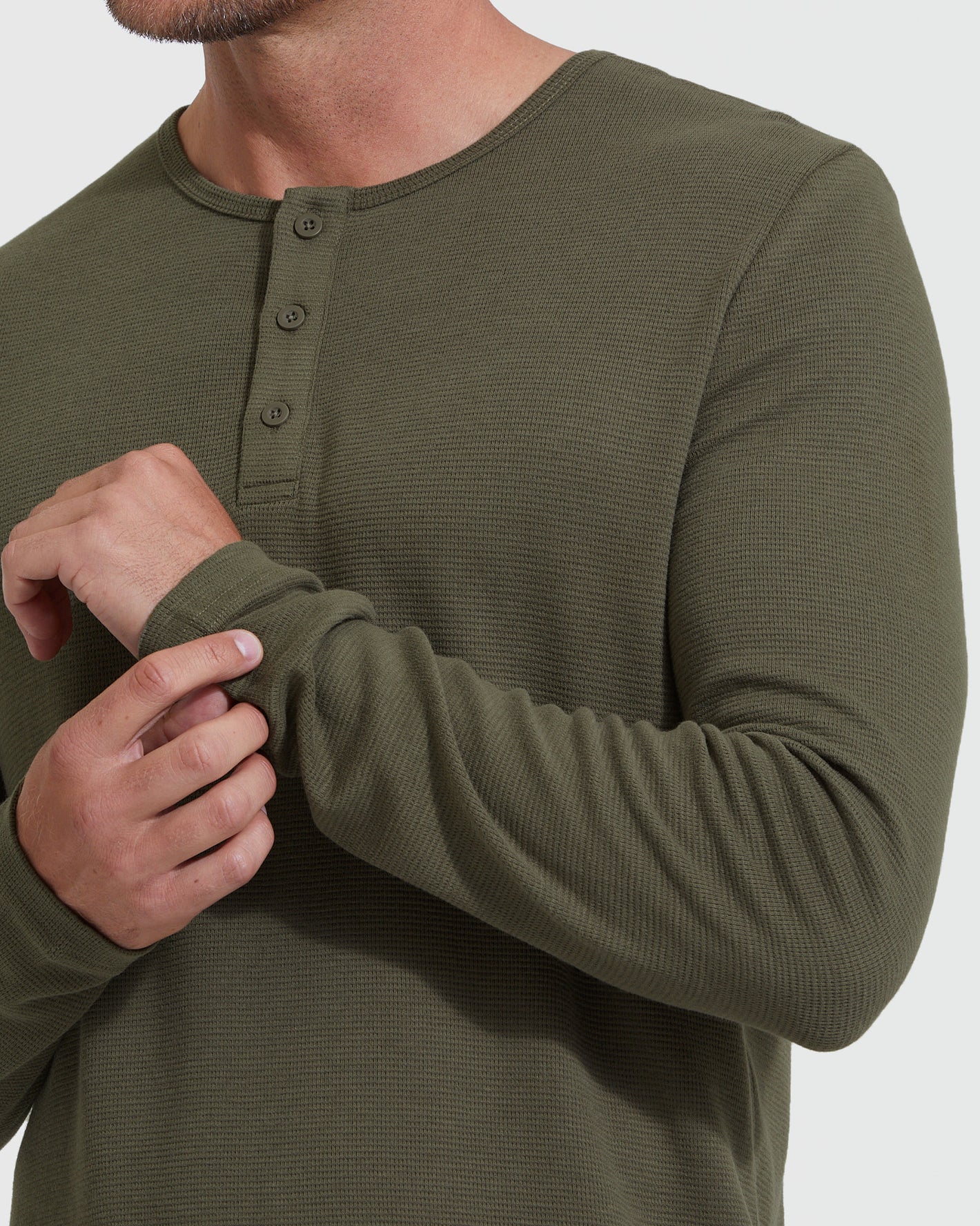 Waffle Long Sleeve Henley 6-Pack worn, sleeve cuff adjusted.