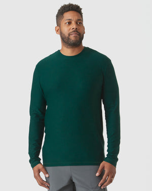 Evergreen Heather Active Long Sleeve Crew T-Shirt, worn by man, side view.
