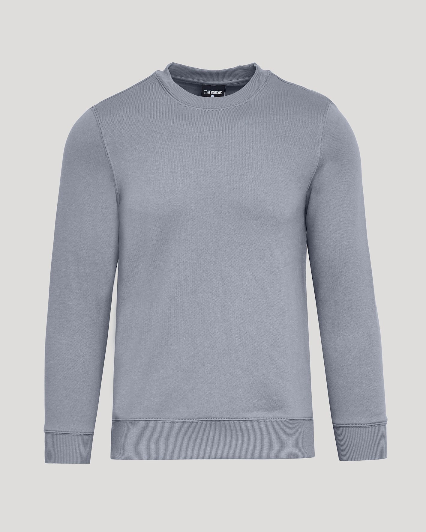 Dusty Blue Fleece French Terry Pullover Crew Neck, ribbed cuffs, True Classic label.