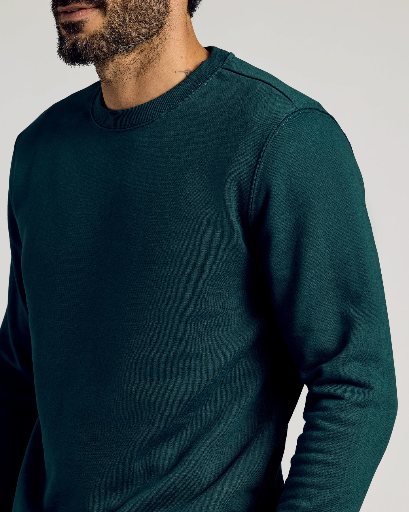 Emerald Fleece French Terry Pullover Crew Neck Sweatshirt on bearded man.