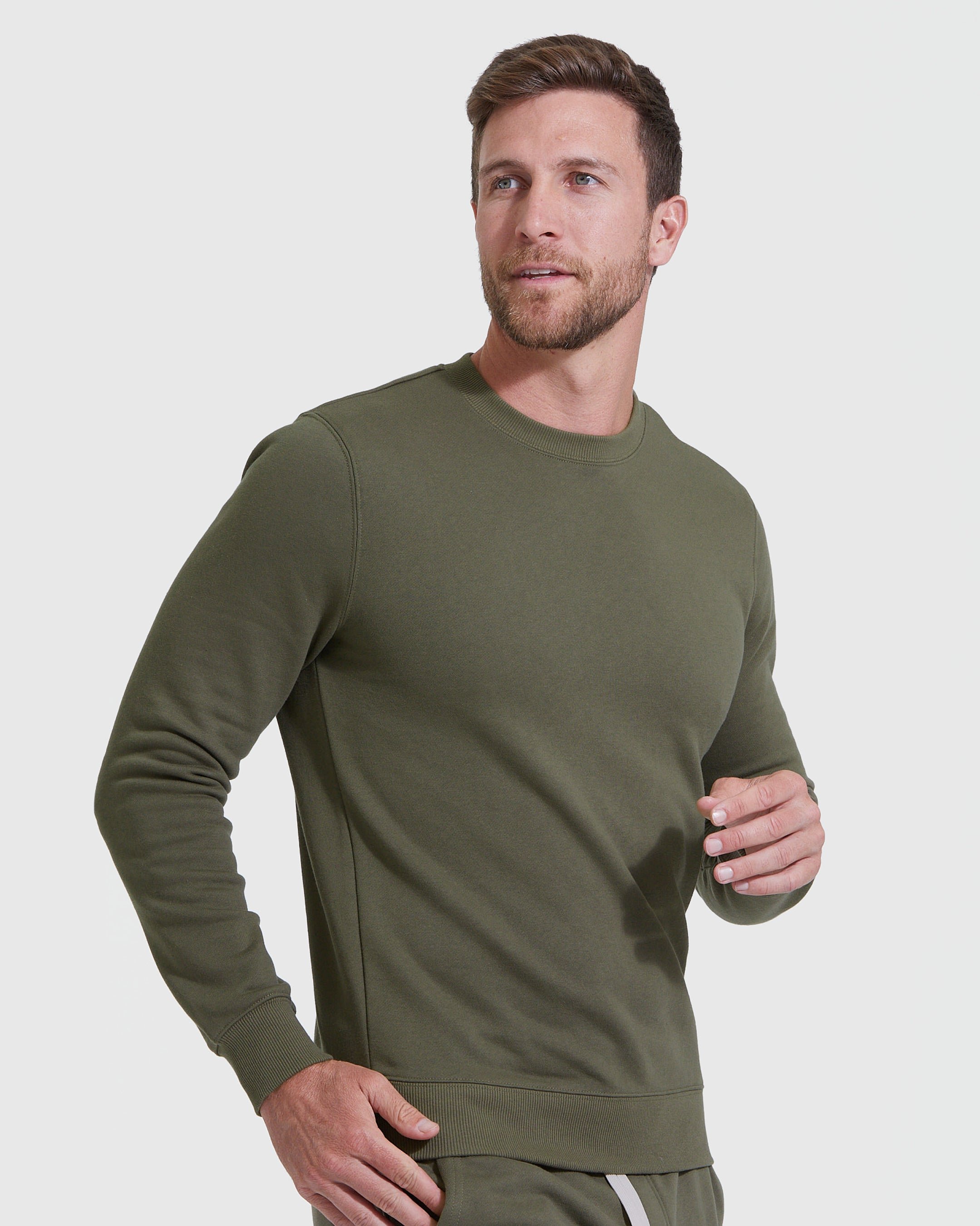 Military Green Fleece French Terry Pullover Crew Neck Sweatshirt