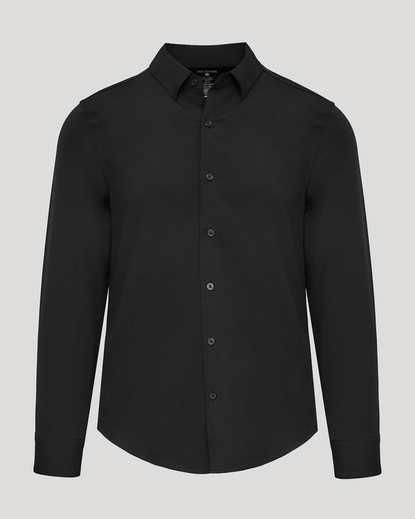 Black Performance Long Sleeve Dress Shirt with a classic collar and button front, designed for men's basics with a sleek, modern fit.