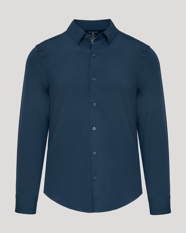 Navy Performance Long Sleeve Dress Shirt with a tailored fit, classic collar, and smooth fabric, ideal for men's basics and versatile occasions.