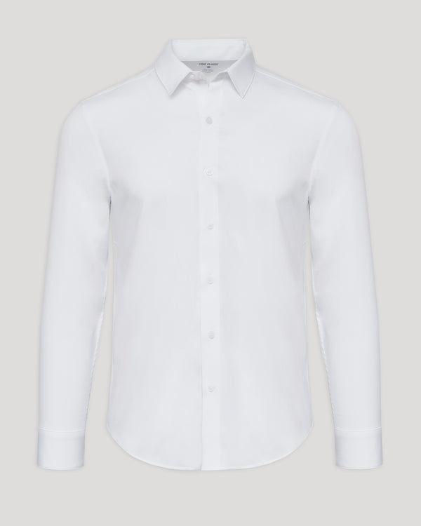 White Performance Long Sleeve Dress Shirt displayed against a neutral background, featuring a classic collar and button-down front for men's basics.