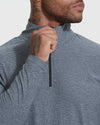 Heather Navy Active Quarter Zip Shirt being zipped by tattooed hand.
