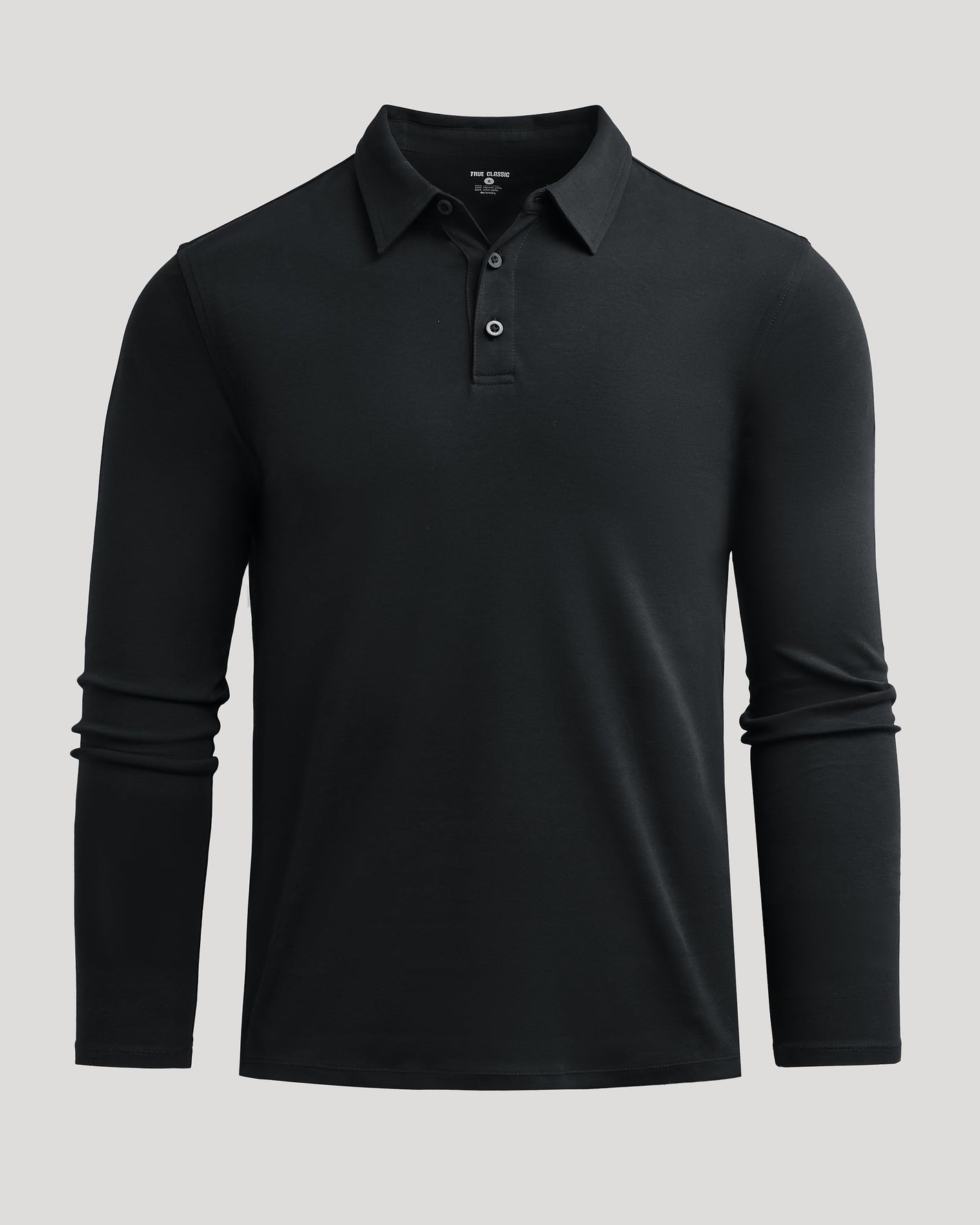 Black Long Sleeve Premium Pima Polo laid flat, showcasing its classic collar and placket.