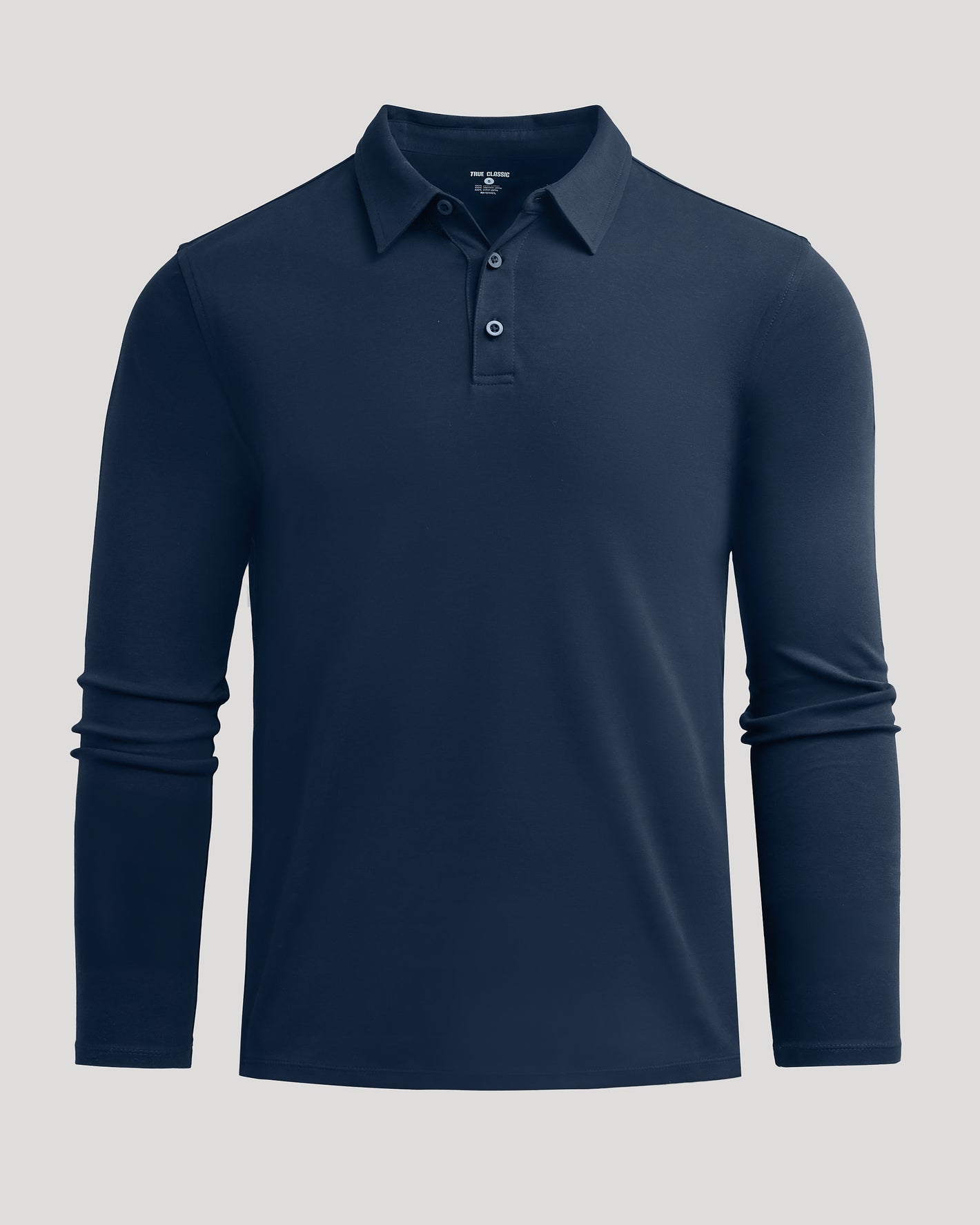 Navy Long Sleeve Premium Pima Polo, classic collar, three-button placket.