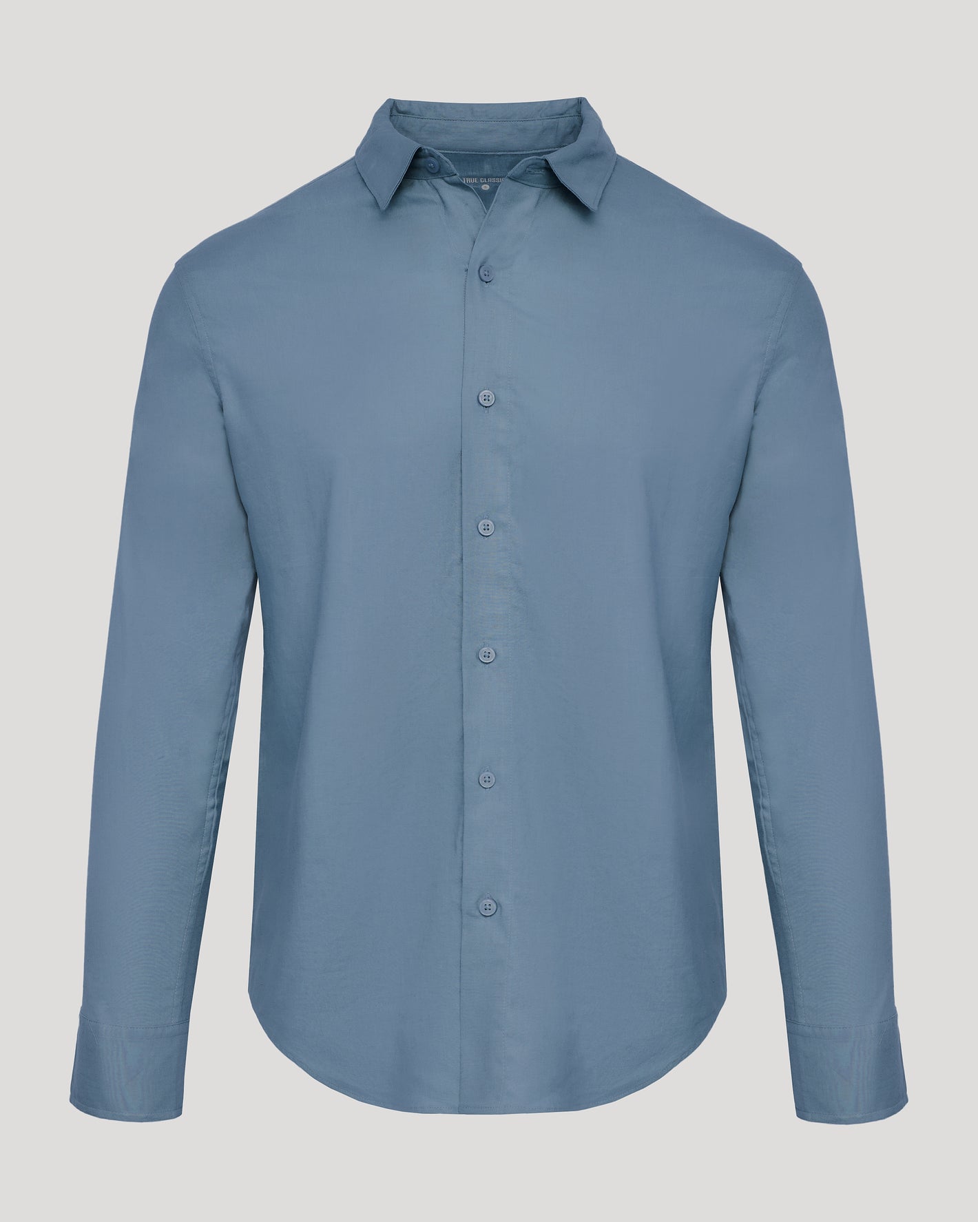 Fiord Long Sleeve Linen Shirt, light-blue, button-up, pointed collar, laid flat.