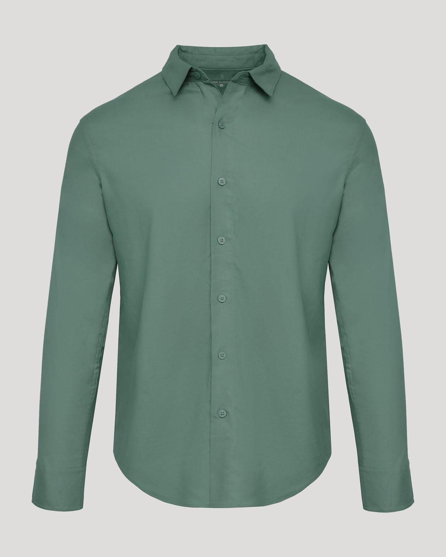 Moss Long Sleeve Linen Shirt, muted green, button-up, collared, breathable.