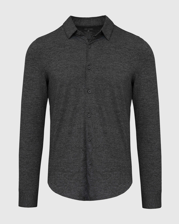 Charcoal Heather Long Sleeve Gray Do-It-All Comfort Shirt, featuring a button-up design.