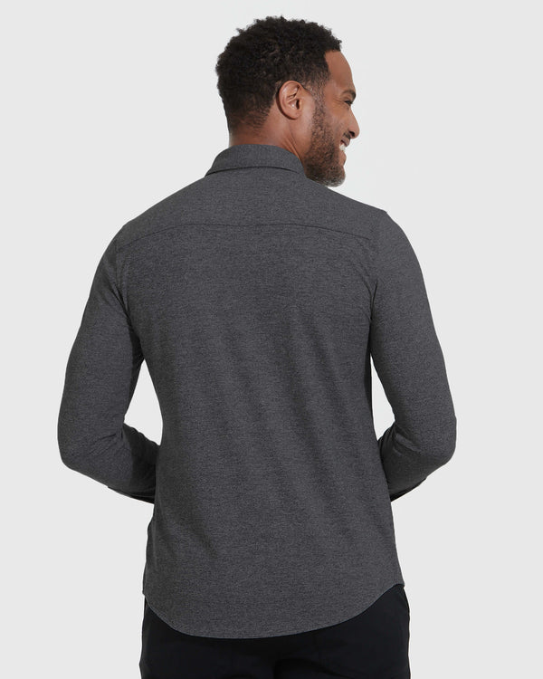 Model in Charcoal Heather Long Sleeve Gray Do-It-All Comfort Shirt, back view.