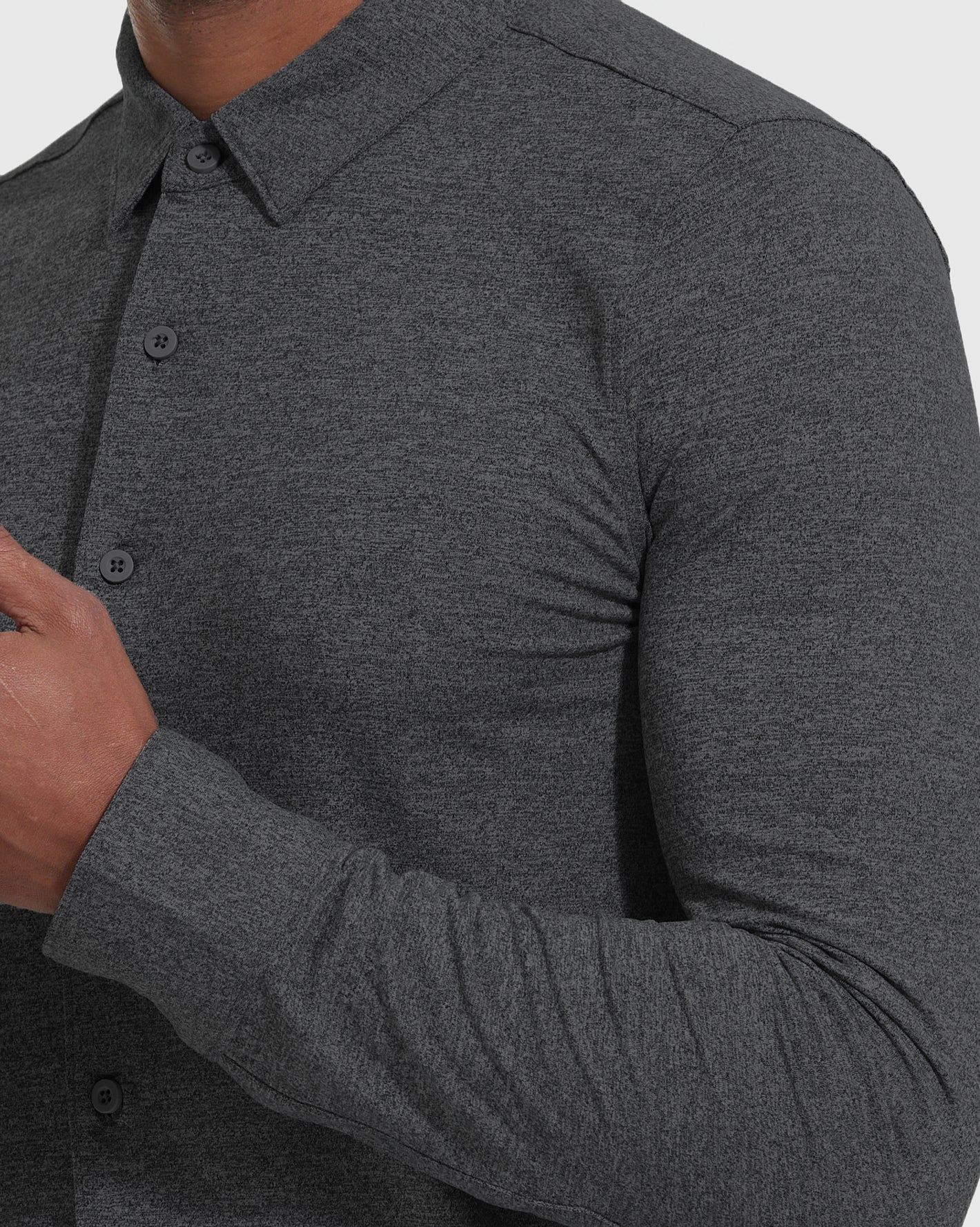 Person wearing Long Sleeve Do-It-All Comfort Shirt in charcoal heather.