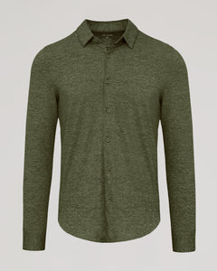 True ClassicDark Heather Military Green Long Sleeve Do-It-All Comfort Shirt with button front.