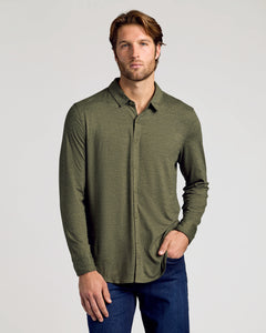 True ClassicModel wears Dark Heather Military Green Long Sleeve Do-It-All Comfort Shirt.