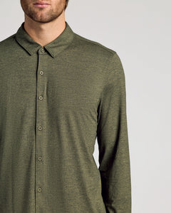 True ClassicMan wearing Dark Heather Military Green Long Sleeve Do-It-All Comfort Shirt.