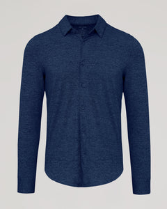 True ClassicDark Heather Navy Long Sleeve Do-It-All Comfort Shirt with button-front.