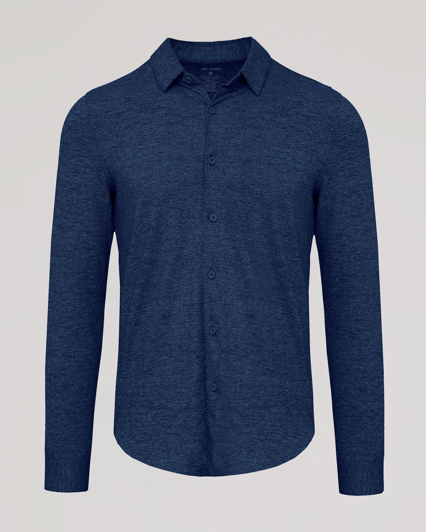 Blue button-up shirt on a light gray background